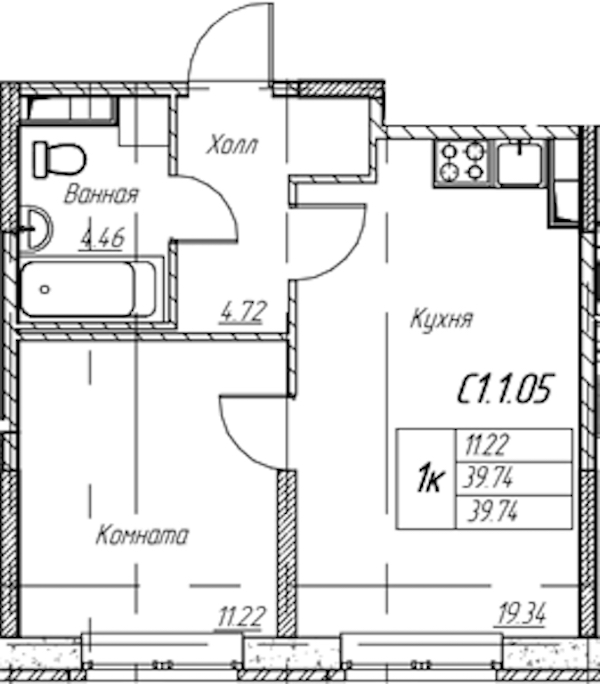 1-комнатная квартира 39.74 м², 1/22 эт., ЖК «Парк-квартал Юнтолово»